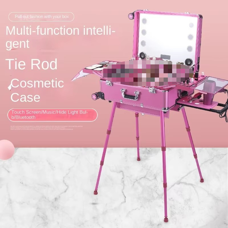 Beauty Makeup Trolley - กระเป๋าเดินทางอลูมิเนียมอัลลอยด์แบบมีบลูทูธสำหรับช่างแต่งหน้า พับได้อเนกประสงค์ กล่องเครื่องมือสำหรับสักลายและความงาม พร้อมไฟและคันชักสำหรับเครื่องสำอาง
