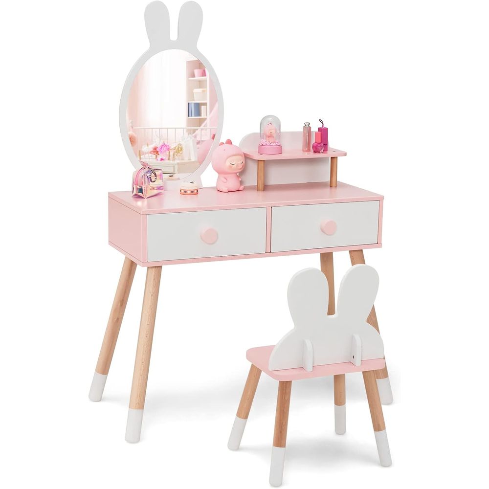 Beauty Makeup Chair - โต๊ะเครื่องแป้งเด็ก EY Kids ลายกระต่าย พร้อมเก้าอี้ไม้สำหรับเด็กเล็ก พร้อมลิ้นชักขนาดใหญ่
