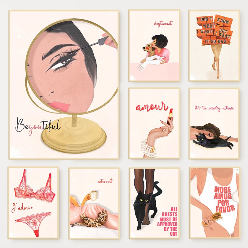 Beauty Of Makeup Quotes - Retro Glam แฟชั่นนิตยสารโปสเตอร์สีชมพูหรูหราแต่งหน้าความงามอินเทรนด์ภาพวาดผ้าใบ Wall Art สําหรับ