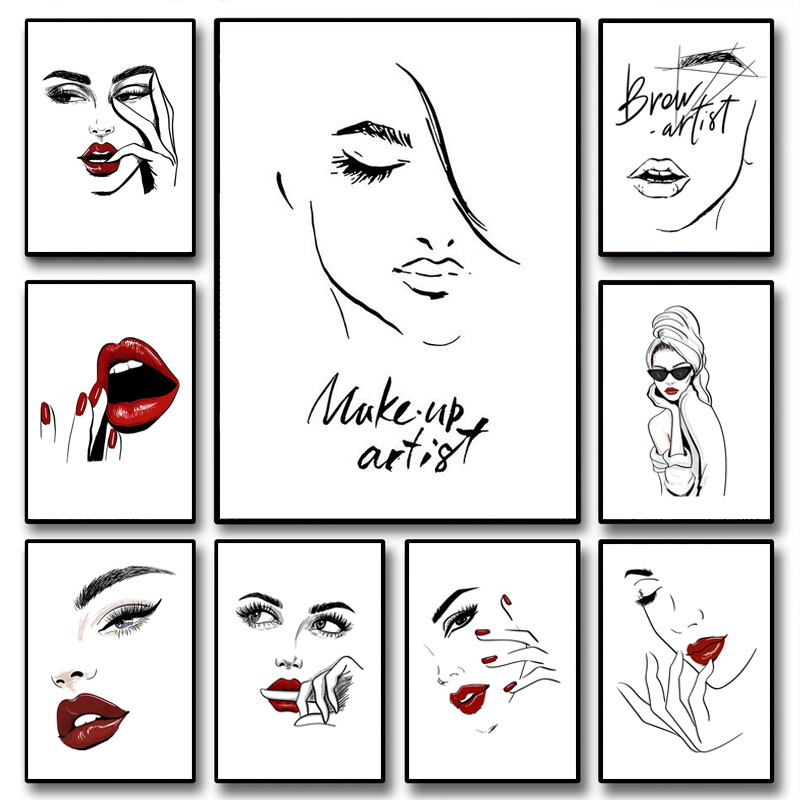 Beauty Of Makeup Quotes - โปสเตอร์แต่งหน้าแฟชั่น ภาพผู้หญิงสวยเซ็กซี่ คำคมศิลปะติดผนัง สไตล์นอร์ดิก ขนตา ริมฝีปากสีแดง