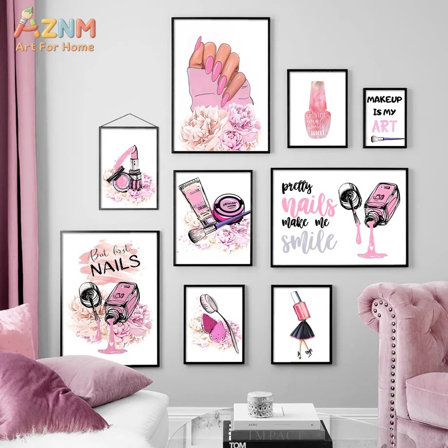 Beauty Of Makeup Quotes - AZNM ภาพพิมพ์ศิลปะติดผนังลายเล็บสีชมพู, โปสเตอร์พิมพ์คำคมความงามแฟชั่นสมัยใหม่, ภาพพิมพ์เล็บสวยทำให้ฉันยิ้มได้ ผลิตภัณฑ์เครื่องสำอาง