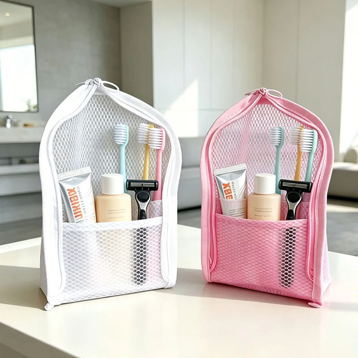 Beauty Makeup Case - กระเป๋าใส่เครื่องสำอางแบบตาข่ายสำหรับเดินทาง - ระบายอากาศได้ดี แห้งเร็ว ป้องกันเชื้อรา พร้อมช่องใส่แปรงสีฟัน