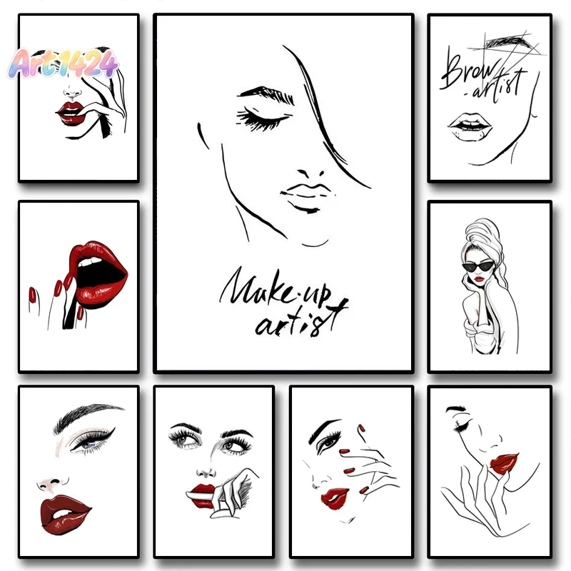 Beauty Of Makeup Quotes - โปสเตอร์แต่งหน้าแฟชั่น ภาพผู้หญิงสวยเซ็กซี่ คำคมตกแต่งผนัง ศิลปะนอร์ดิก ขนตา ริมฝีปากสีแดง