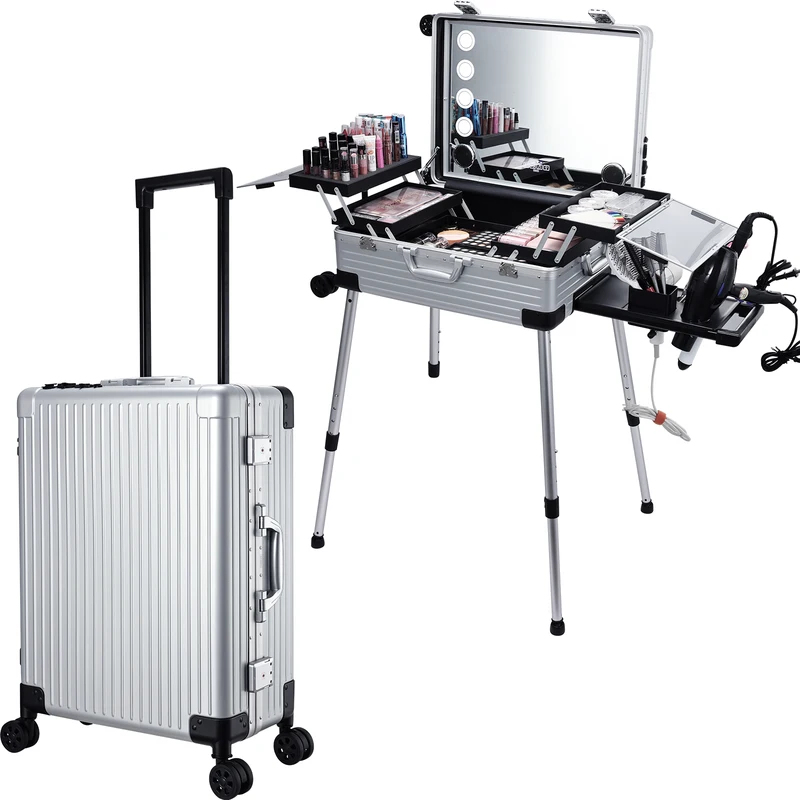Beauty Makeup Trolley - กระเป๋าแต่งหน้าแบบมีล้อขนาด 24 นิ้ว พร้อมกระจกไฟส่องสว่างเต็มจอ ลำโพงบลูทูธ กระเป๋าอลูมิเนียมสำหรับช่างตัดผม
