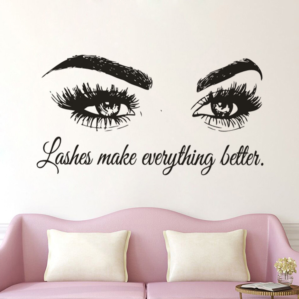 Beauty Of Makeup Quotes - ขนตาไวนิล Wall Decal ร้านเสริมสวยอ้าง Lashes ทำให้ทุกอย่างดีขึ้นสติ๊กเกอร์ติดผนัง