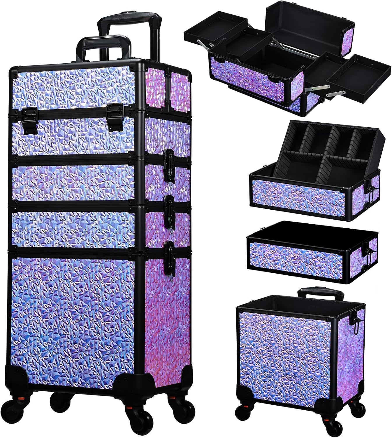 Beauty Makeup Trolley - กระเป๋าแต่งหน้าแบบมีล้อ, รถเข็นเก็บเครื่องสำอางขนาดใหญ่พร้อมลิ้นชัก, รถเข็นจัดเก็บอุปกรณ์เสริมสวยสำหรับร้านทำเล็บแบบเคลื่อนที่ได้, กล่องเครื่องแป้งสำหรับช่างทำผมแบบเคลื่อนที่, สีม่วงเงา, ชุดเดียว