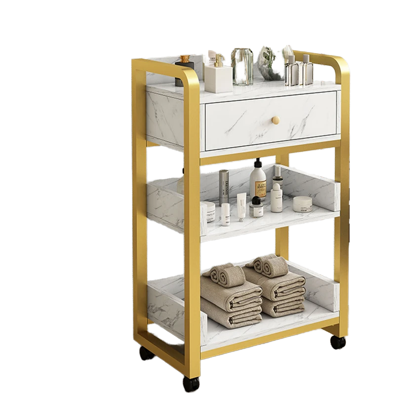 Beauty Makeup Trolley - รถเข็นเสริมสวยสีทองขาวทันสมัย แบบถอดประกอบได้ สำหรับเก็บอุปกรณ์แต่งหน้าและทำผม พร้อมตู้เก็บของ