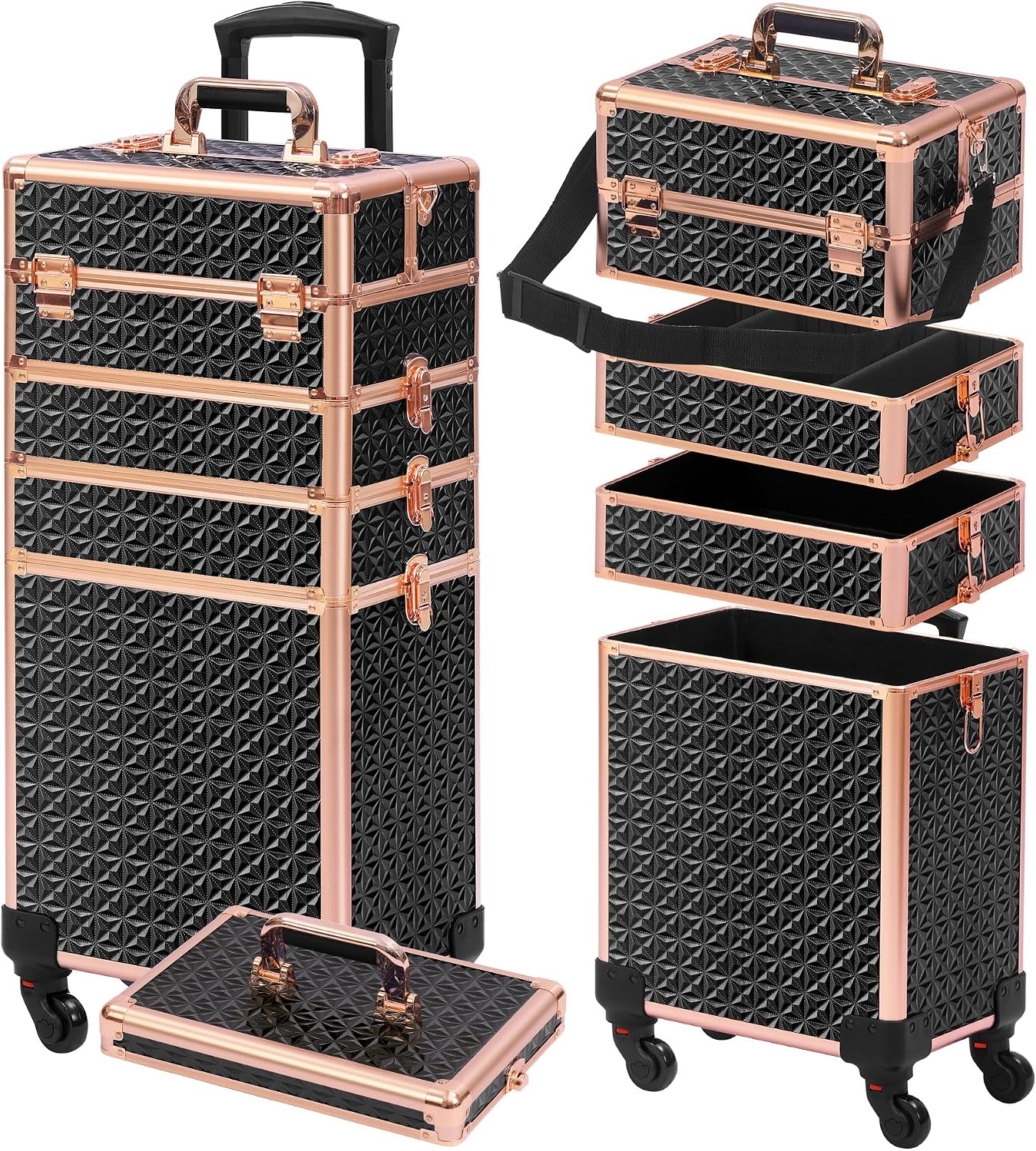 Beauty Makeup Case - กระเป๋าเครื่องสำอางแบบมีล้อพร้อมฝาปิด 5 in 1 กระเป๋าเครื่องสำอางมีล้อขนาดใหญ่ กล่องจัดระเบียบเครื่องสำอางสำหรับมืออาชีพ