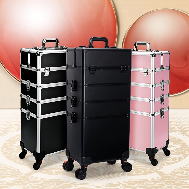 Beauty Makeup Trolley - ที่ถอดออกได้ Rolling แต่งหน้าขนาดใหญ่เครื่องสําอางค์รถเข็น 4 ชั้นขนาดใหญ่ความจุแต่งหน้ากระเป๋าเดินทางพร้อม Key