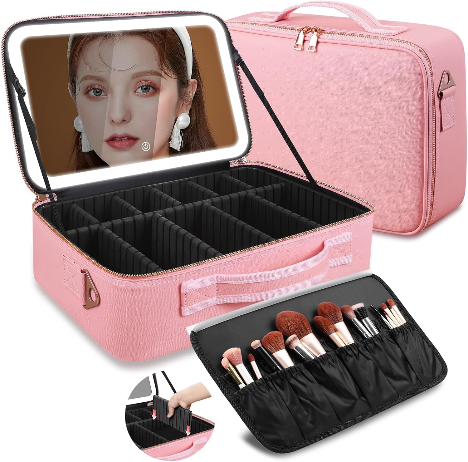 Beauty Makeup Case - กระเป๋าเครื่องสำอางขนาดใหญ่ 15''x11'' พร้อมกระจก LED 3 สี