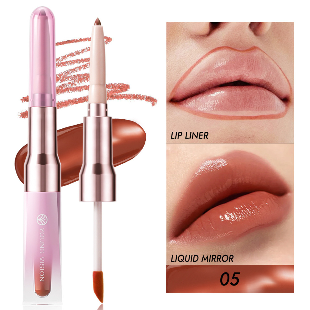 Beauty Makeup Definition - ดินสอเขียนขอบปากสองหัวพร้อมกระจก ลิปกลอสแบบพกพา อุปกรณ์แต่งหน้าความงามแบบธรรมชาติ ช่วยสร้างมิติให้ริมฝีปาก